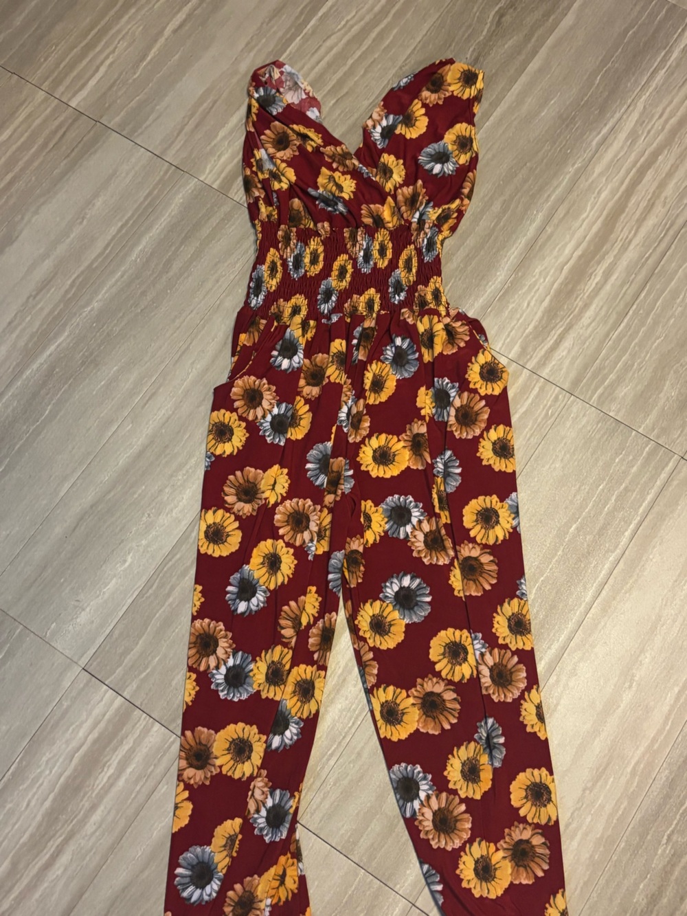 Sunflower Print Red Jumpsuit